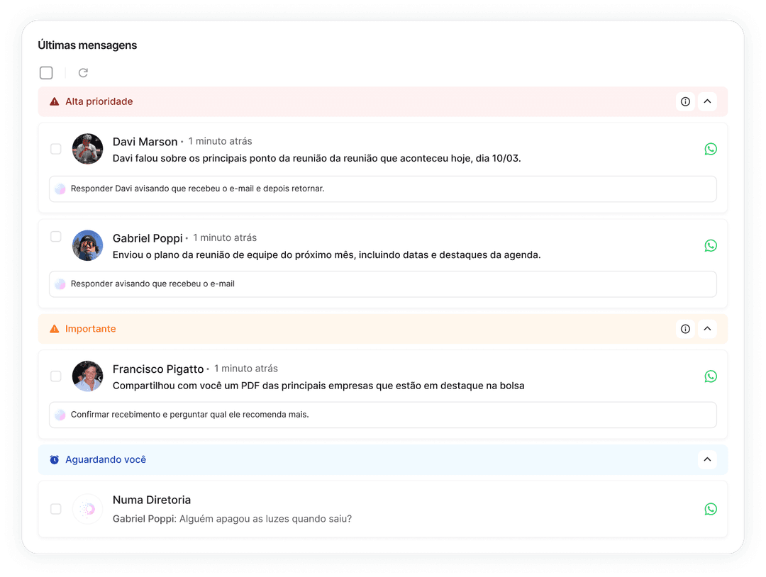Inbox da Numa mostrando mensagens organizadas por prioridade